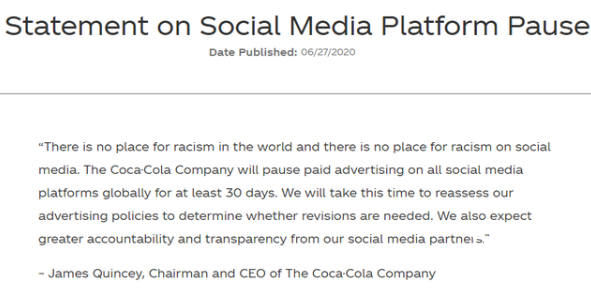 可口可乐暂停全球社交媒体广告 暂停时间目前定为30天
