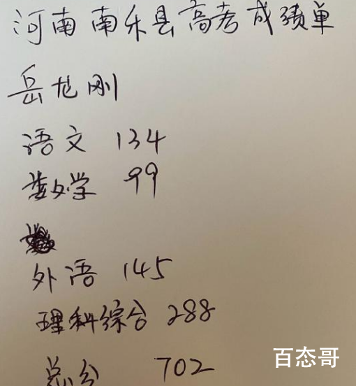 岳云鹏手写高考成绩单 这是谁的高考成绩？