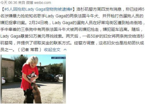 5人因抢劫Lady Gaga宠物狗被捕 预计要吃几年的牢饭牢饭