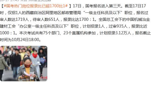 国考热门岗位报录比已超1700比1 岗位竞争就是那么激烈那么残酷！