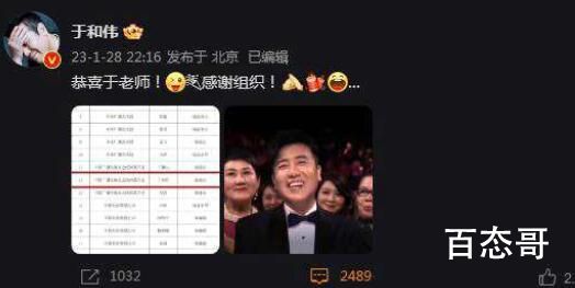 演员于和伟报告喜讯 已获得高级职称成为一级演员